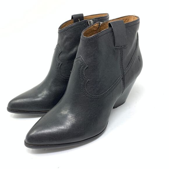 Frye Women's Size 7.5 Reina Western Bootie Black Leather Pointed Toe Heeled Boot - Picture 4 of 10